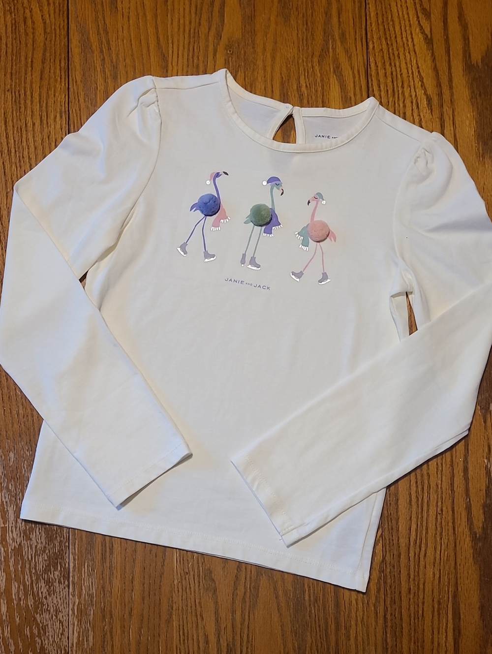 Janie and Jack Cream Long-Sleeve Top with Pastel Flamingo Trio - Size 8 Like New